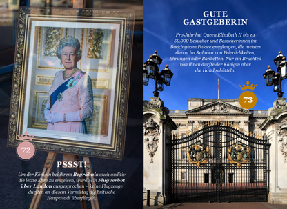 Gezeigt wird eine Innen- oder Zusatzansicht von „God Save THE QUEEN“. Die Seite zeigt eine ansprechende Kombination aus Text und Bildern. Links ist ein gerahmtes Porträt von Königin Elizabeth II. zu sehen, umgeben von goldenen Verzierungen. Rechts befindet sich ein majestätisches Foto des Buckingham Palace mit geschlossener Eisenzaunfront, das im Vordergrund den Titel „GUTE GASTGEBERIN“ in großer, eleganter Schrift präsentiert. Die Farbpalette umfasst warme Goldtöne und sanfte...