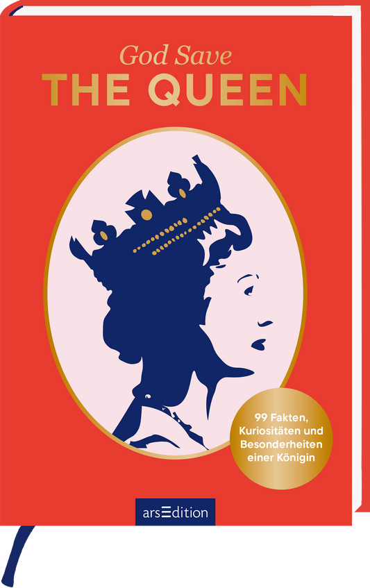 Das Buchcover zeigt einen kräftigen orangenen Hintergrund. In der Mitte befindet sich eine ovale Illustration in Blau, die ein Profil einer königlichen Figur darstellt. Die Rückseite dieser Figur trägt eine majestätische Krone und wird von einer stilisierten Schrift umrahmt. Der Titel „God Save THE QUEEN“ ist in großen, goldenen Buchstaben oberhalb der Abbildung platziert. Unten rechts ist ein gelber Button mit dem Text „99 Fakten, Kuriositäten und Besonderheiten einer Königin“....