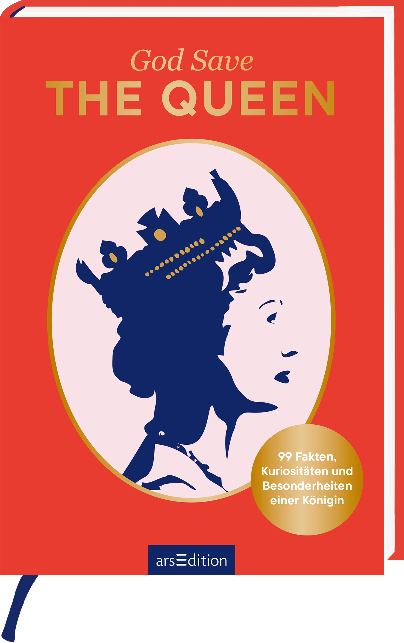 Das Buchcover zeigt einen kräftigen orangenen Hintergrund. In der Mitte befindet sich eine ovale Illustration in Blau, die ein Profil einer königlichen Figur darstellt. Die Rückseite dieser Figur trägt eine majestätische Krone und wird von einer stilisierten Schrift umrahmt. Der Titel „God Save THE QUEEN“ ist in großen, goldenen Buchstaben oberhalb der Abbildung platziert. Unten rechts ist ein gelber Button mit dem Text „99 Fakten, Kuriositäten und Besonderheiten einer Königin“....