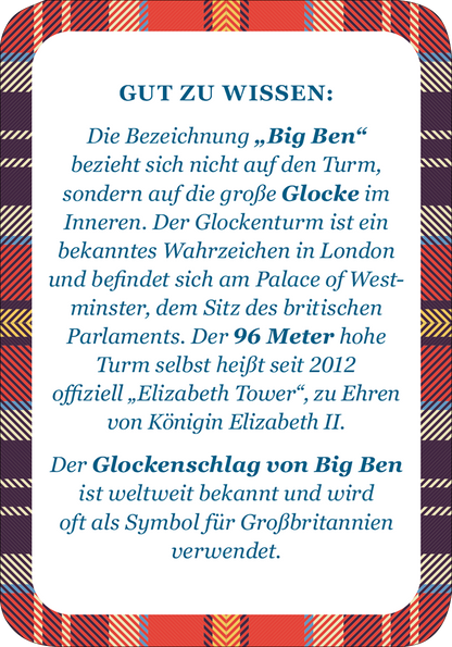 Gezeigt wird eine Innen- oder Zusatzansicht von „It´s so very British!“. Der Text ist in einer eleganten Serifenschrift in Türkisgrün auf weißem Hintergrund gesetzt, umrahmt von einem stilvollen Rahmen in schottischem Tartanmuster in Rot- und Blautönen. Die Überschrift „GUT ZU WISSEN:“ hebt sich durch Fettdruck ab. Der Inhalt liefert informative Details über „Big Ben“, seine Bedeutung und Geschichte, in klar verständlicher Sprache.
