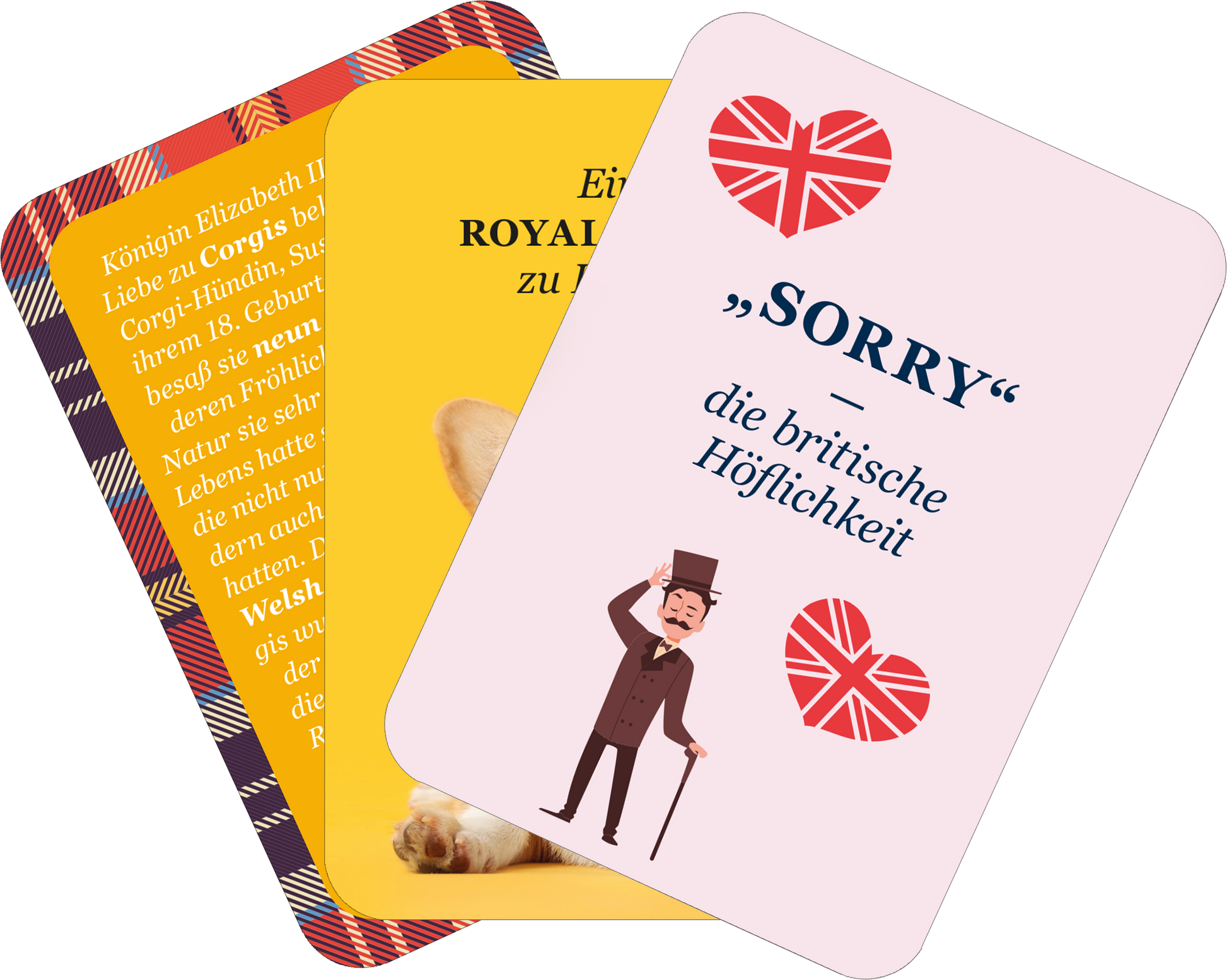 Gezeigt wird eine Innen- oder Zusatzansicht von „It´s so very British!“. Die Ansicht zeigt mehrere Karten in verschiedenen Farben und Designs. Eine Karte in sanftem Rosa präsentiert das Wort „Sorry“ in einer eleganten, großen Schrift und zeigt ein grafisches Motiv mit Herzen in den Farben der britischen Flagge. Eine gelbe Karte enthält einen informativen Text, während eine weitere Karte mit einem karierten Rand Informationen über Königin Elizabeth und ihre Corgis bietet. Die...