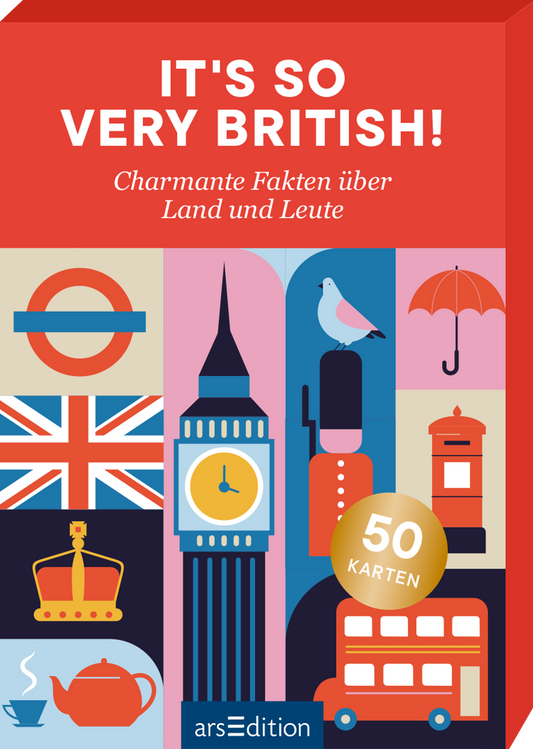 „It’s so very British!“ prangt in weißer Grotesk in Großbuchstaben auf rotem Banner. Darunter in kursiver Serifenschrift der Untertitel „Charmante Fakten über Land und Leute“. Das Cover zeigt farbige Bildfelder mit ikonischen Motiven wie Union Jack, Underground-Rondell, Big Ben mit gelbem Zifferblatt, Wachsoldat, Taube, Regenschirm, roter Briefkasten, Krone, Teekanne und doppelstöckiger Bus. Ein goldener Kreis trägt den Text „50 KARTEN“. Ganz unten mittig steht der...