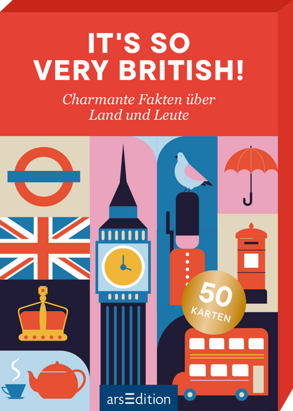 Das Buchcover zeigt einen bunten, grafischen Stil mit typischen britischen Symbolen, darunter der Big Ben, eine Teekanne und eine rote Doppeldeckerbus. Der Hintergrund ist in einem harmonischen Hell- und Dunkelblau gehalten, während der obere Teil des Covers in leuchtendem Rot erscheint. Der Titel „IT&#039;S SO VERY BRITISH!“ ist in einer freundlichen, weißen Schrift gestaltet. Darunter steht der Untertitel „Charmante Fakten über Land und Leute“ in etwas kleinerer Schrift. Ganz unten...
