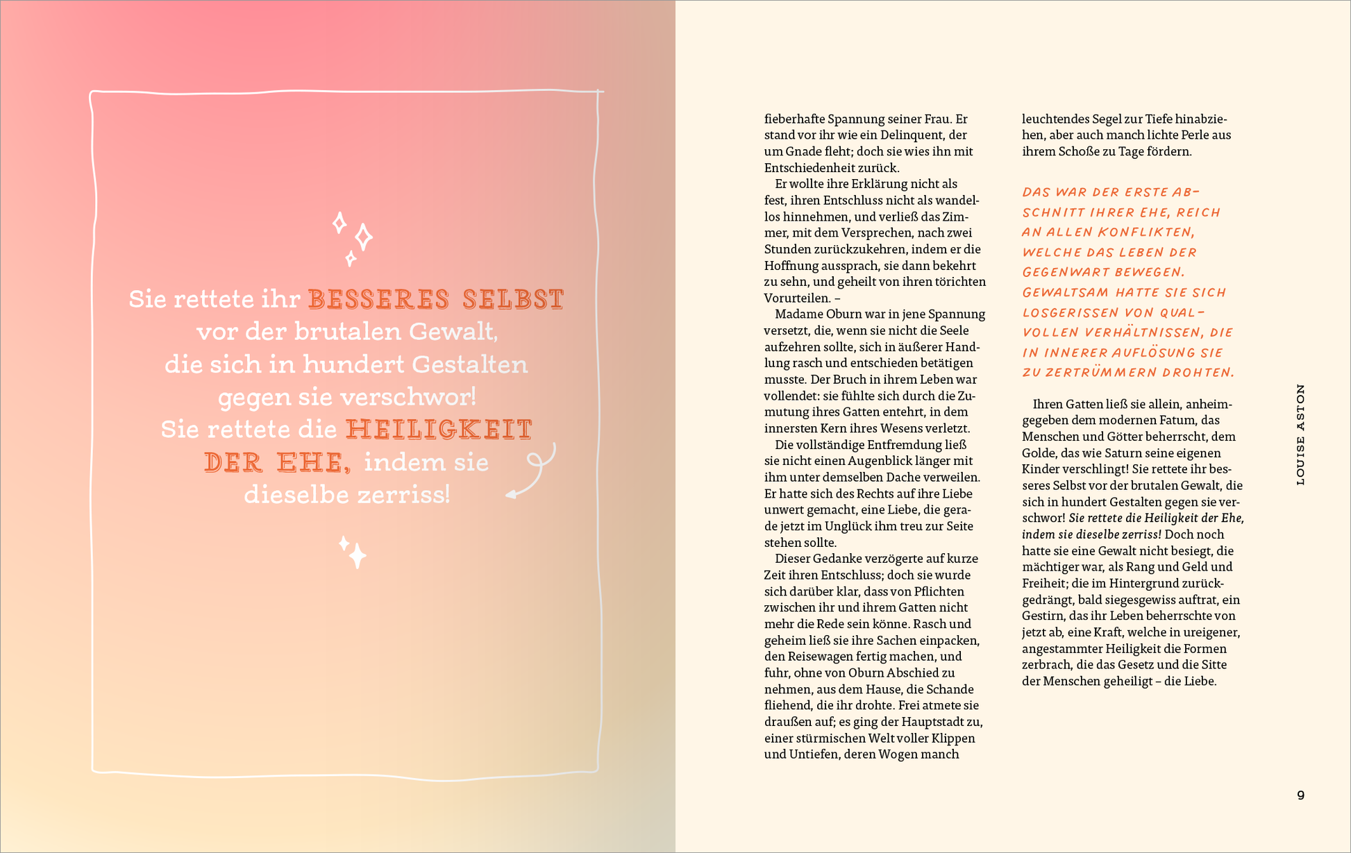 Gezeigt wird eine Innen- oder Zusatzansicht von „Mut verändert alles“. Die Seite ist in sanften Pastellfarben gestaltet und zeigt eine farbverlaufartige Hintergrundnuance in Rosa und Orange. Links befindet sich ein einrahmter Textbereich mit einer großen, serifenlosen Schrift, die wichtige Begriffe wie „BESTERES SELBST“ und „HEILIGKEIT DER EHE“ hervorhebt. Rechts ist der Fließtext in einer klaren, gut lesbaren Schrift gehalten, die den Lesefluss unterstützt.