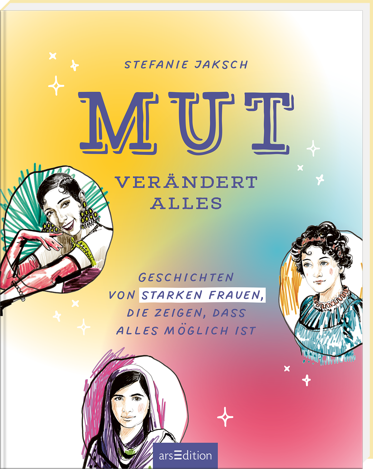 Auf dem Buchcover dominieren helle, pastellartige Farben, die eine inspirierende Atmosphäre schaffen. In großen, auffälligen Lettern steht der Titel „MUT VERÄNDERT ALLES“ in einer eleganten Schriftart. Unterhalb des Titels finden sich die Worte „Geschichten von starken Frauen, die zeigen, dass alles möglich ist“ in einer leichteren Typografie. Um den Titel sind skizzenhafte Illustrationen von Frauen angeordnet, die Stärke und Individualität ausstrahlen. Ganz unten mittig steht...