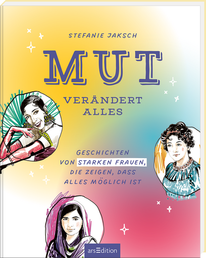 Auf dem Buchcover dominieren helle, pastellartige Farben, die eine inspirierende Atmosphäre schaffen. In großen, auffälligen Lettern steht der Titel „MUT VERÄNDERT ALLES“ in einer eleganten Schriftart. Unterhalb des Titels finden sich die Worte „Geschichten von starken Frauen, die zeigen, dass alles möglich ist“ in einer leichteren Typografie. Um den Titel sind skizzenhafte Illustrationen von Frauen angeordnet, die Stärke und Individualität ausstrahlen. Ganz unten mittig steht...