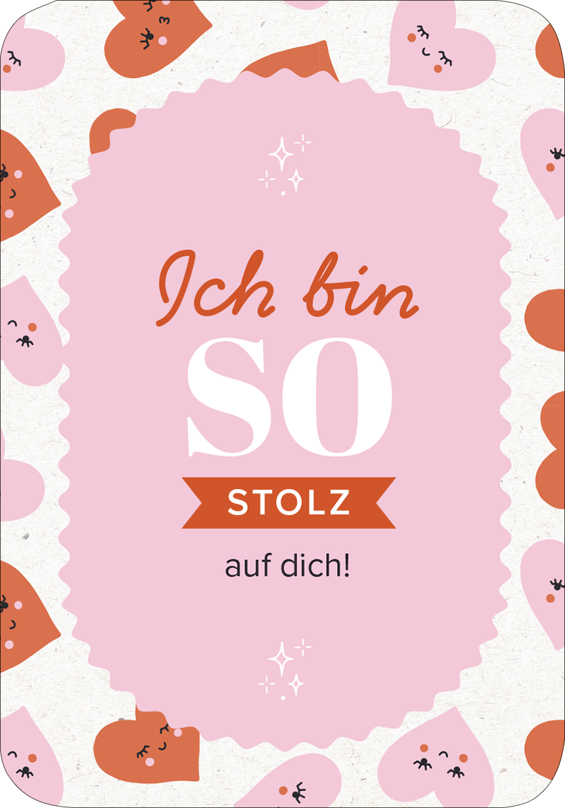 Gezeigt wird eine Innen- oder Zusatzansicht von „50 ungewöhnliche Liebeserklärungen“. Die Gestaltung des Kartenmotivs umfasst einen zarten rosa Hintergrund, umrandet von einer wulstigen, lila Form. In der Mitte ist der Text „Ich bin SO stolz auf dich!“ in einer Kombination aus verspielter Schriftart und klarer Typografie dargestellt. Um den Text herum sind niedliche, lächelnde Herzchen in verschiedenen Farben angeordnet, was dem Gesamtlayout einen fröhlichen und liebevollen...