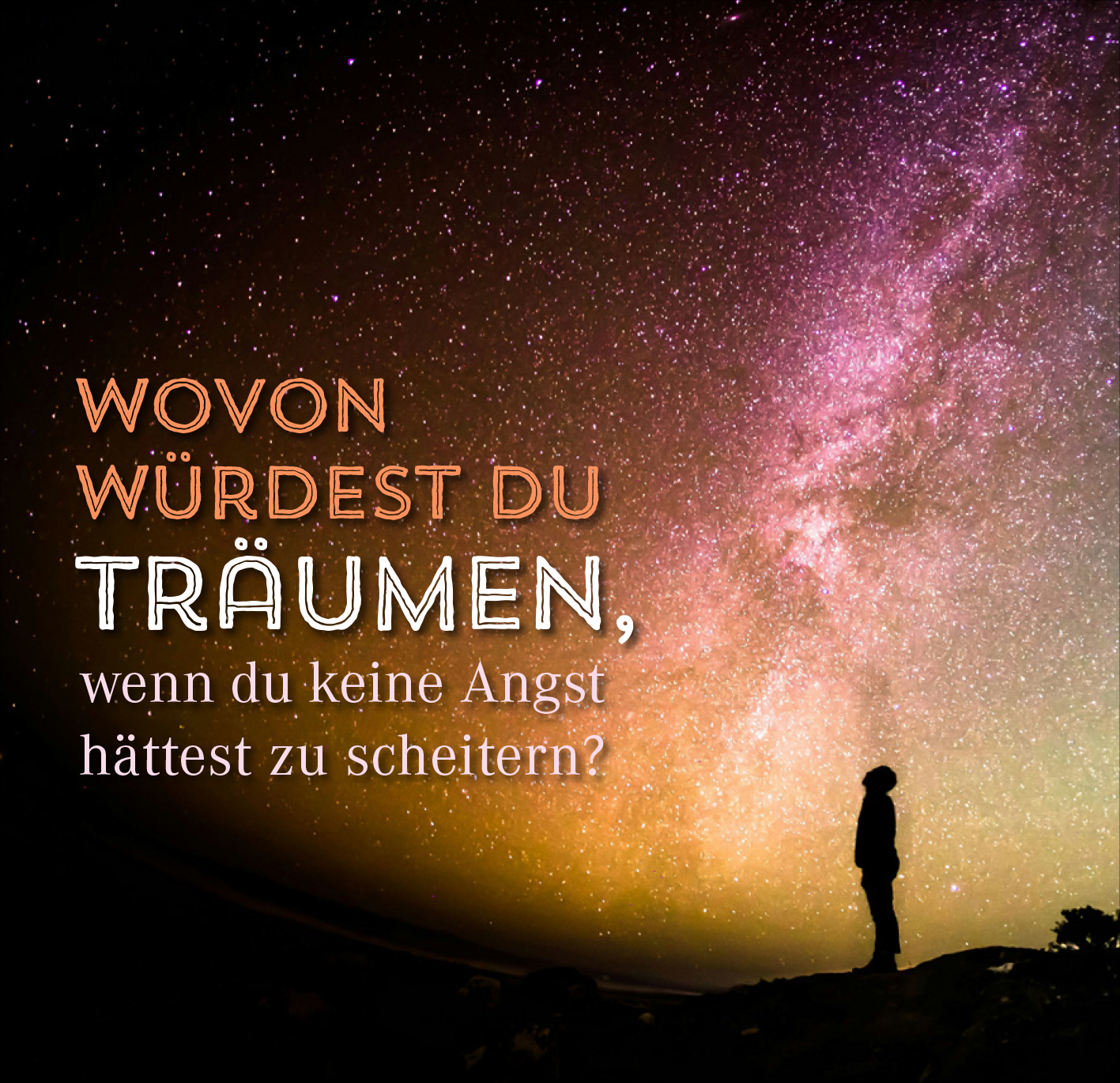 Gezeigt wird eine Innen- oder Zusatzansicht von „Nimm dir Zeit für große Träume“. Im Vordergrund steht eine silhouettierte Person, die auf einen eindrucksvollen Nachthimmel blickt, der in kräftigen Violett- und Blautönen schimmert. Der Text „Wovon würdest du träumen, wenn du keine Angst hättest zu scheitern?“ ist prominent platziert, wobei die Wörter „TRÄUMEN“ und „WÜRDEST DU“ in großen weißen und orangefarbenen Buchstaben hervorgehoben sind, was die inspirierende...