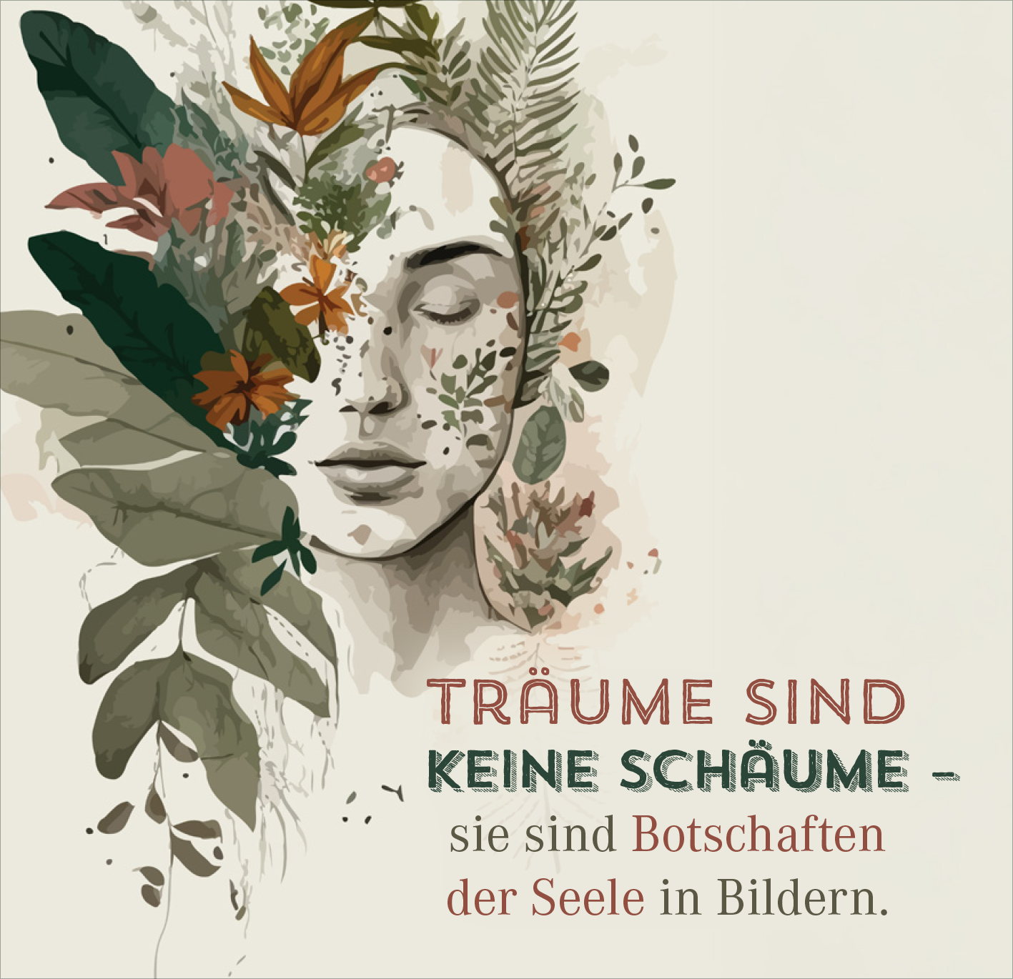 Gezeigt wird eine Innen- oder Zusatzansicht von „Nimm dir Zeit für große Träume“. Die Illustrationen zeigen das Porträt einer Person mit geschlossenen Augen, umgeben von lebhaften Pflanzen und floralen Elementen. Die Farbpalette umfasst sanfte Naturtöne in Grün, Braun und warmen Erdtönen. Die Typografie ist verspielt, mit dem Titel in großen roten Buchstaben und dem Untertitel in eleganter, grüner Schrift. Diese Gestaltung vermittelt eine harmonische Verbindung zur Natur und eine...