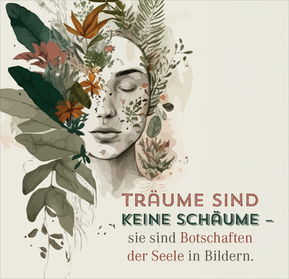 Gezeigt wird eine Innen- oder Zusatzansicht von „Nimm dir Zeit für große Träume“. Die Illustrationen zeigen das Porträt einer Person mit geschlossenen Augen, umgeben von lebhaften Pflanzen und floralen Elementen. Die Farbpalette umfasst sanfte Naturtöne in Grün, Braun und warmen Erdtönen. Die Typografie ist verspielt, mit dem Titel in großen roten Buchstaben und dem Untertitel in eleganter, grüner Schrift. Diese Gestaltung vermittelt eine harmonische Verbindung zur Natur und eine...