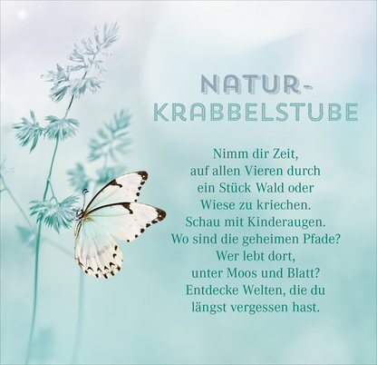 Gezeigt wird eine Innen- oder Zusatzansicht von „Nimm dir Zeit für Abenteuer“. Die Darstellung umfasst sanfte, mintgrüne Farbtöne, die eine beruhigende Atmosphäre schaffen. Ein zarter Schmetterling mit offener Flügelhaltung ist zentral im Bild platziert. Der Titel „NATUR-KRABBELSTUBE“ ist in einer klaren, modernen Schriftart rechts oben angeordnet, während der einladende Text darunter in einer gut lesbaren Schriftart weiß gehalten ist. Pflanzenornamente im Hintergrund ergänzen...