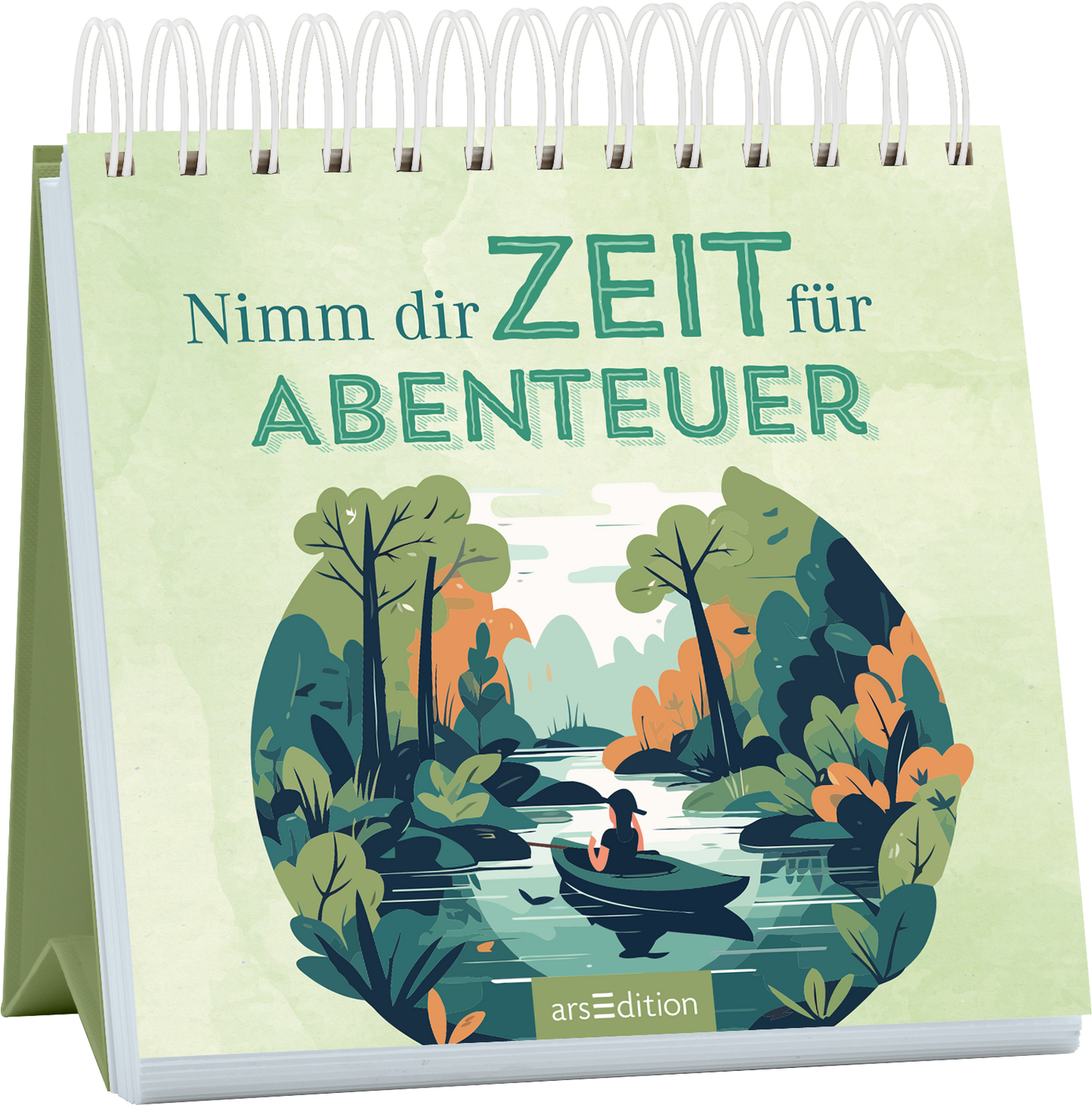 Auf dem Buchcover mit einem sanften grünen Hintergrund steht in großen, verspielten Buchstaben „Nimm dir ZEIT für ABENTEUER“. Eine farbenfrohe Illustration zeigt eine Person im Kanu, umgeben von üppiger, grüner Vegetation und einem ruhigen Fluss. Die Szenerie strahlt Abenteuerlust und Naturverbundenheit aus. Ganz unten mittig steht der Logoschriftzug von arsEdition.