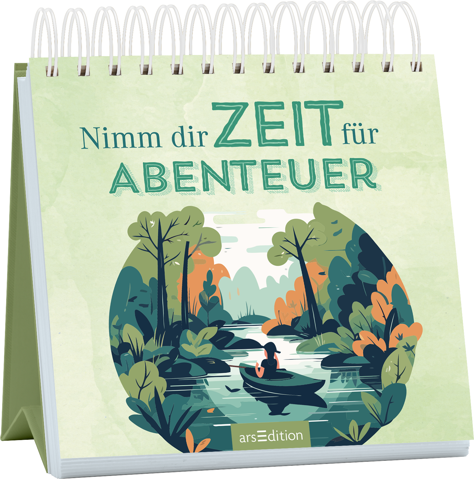Auf dem Buchcover mit einem sanften grünen Hintergrund steht in großen, verspielten Buchstaben „Nimm dir ZEIT für ABENTEUER“. Eine farbenfrohe Illustration zeigt eine Person im Kanu, umgeben von üppiger, grüner Vegetation und einem ruhigen Fluss. Die Szenerie strahlt Abenteuerlust und Naturverbundenheit aus. Ganz unten mittig steht der Logoschriftzug von arsEdition.