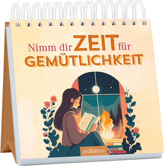 Das Buchcover zeigt eine entspannte Frau, die in einem gemütlichen Raum sitzt und ein Buch liest. Im Hintergrund ist ein Fenster sichtbar, durch das der Nachthimmel mit großen, leuchtenden Sternen und einem leicht sichtbaren Mond zu sehen ist. Die Farben sind sanft und warm, mit einem blassen Orange- und Cremetönen. Der Titel „Nimm dir ZEIT für GEMÜTLICHKEIT“ ist in großen, auffälligen Buchstaben in einem harmonischen Gelbton gestaltet. Ganz unten mittig steht der Logoschriftzug von...
