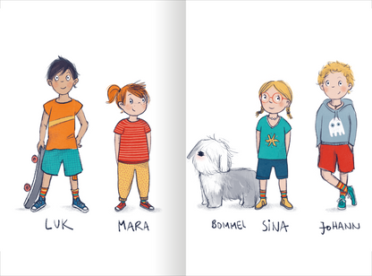 Gezeigt wird eine Innen- oder Zusatzansicht von „Die Ringelsocken-Bande – Sommer mit Zitronenlimo“. Die Darstellung zeigt fünf Charaktere: Luk in einem orangefarbenen Shirt mit Skateboard, Mara in gestreiftem Shirt, ein weißer Hund namens Bommel, Sina in einem türkisfarbenen Shirt mit Sonne und Johann mit grauem Sweater. Die Farbpalette ist lebhaft und sommerlich, während die Typografie schlicht ist und die Namen der Charaktere unter ihren Abbildungen stehen.