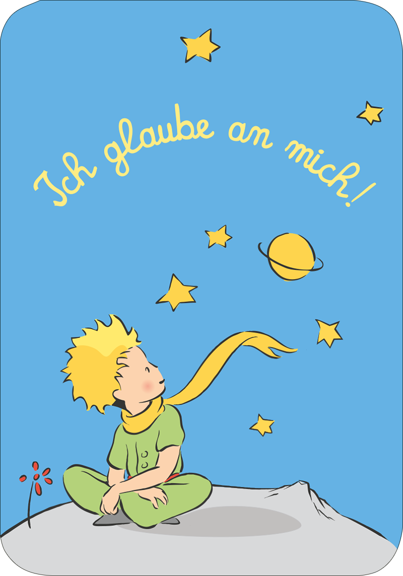 Gezeigt wird eine Innen- oder Zusatzansicht von „Der Kleine Prinz Mutmachkarten“. Die Illustration zeigt einen kleinen Jungen mit blonden Haaren, der in einem grünen Outfit sitzt und nach oben schaut. Um ihn herum sind mehrere gelbe Sterne und ein Planet in sanften Farben dargestellt. Der Hintergrund ist in einem hellen Blau gehalten, und über dem Jungen steht in geschwungenen, weißen Buchstaben der Text „Ich glaube an mich!“. Die kindliche Typografie vermittelt eine positive und...