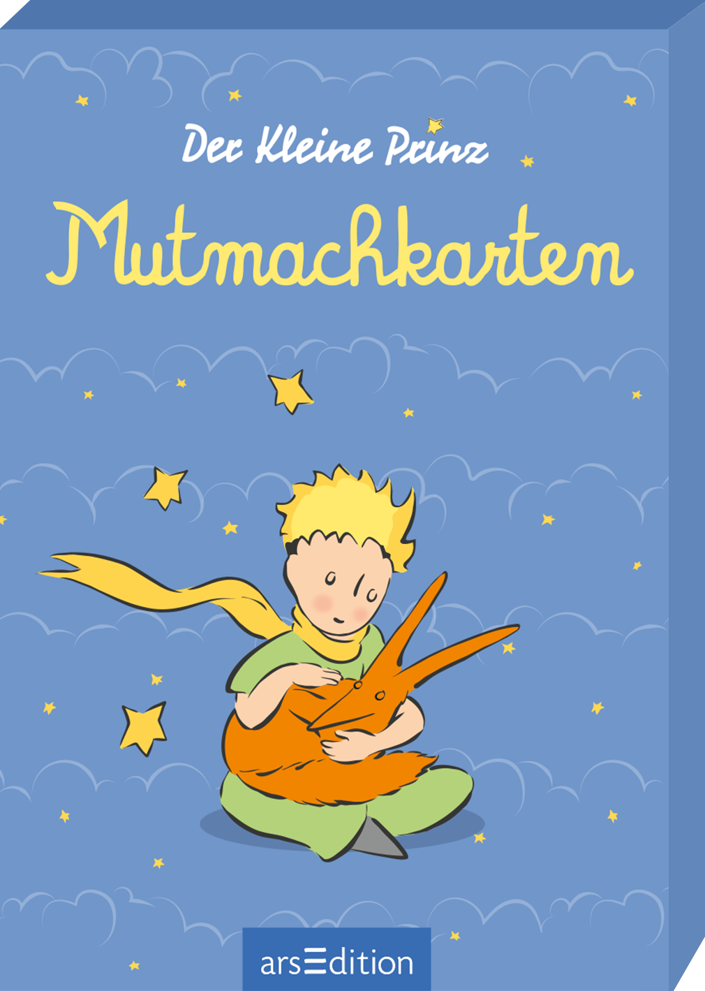 Das Buchcover zeigt einen kleinen Jungen mit blonden Haaren, der in einer stilisierten, hellblauen Himmelslandschaft mit Wolken schwebt. Er streckt seine Hand aus, um einen gelben Stern zu erreichen. Der Titel „Mutmachkarten“ ist in geschwungener, gelber Schrift oben platziert. Darunter steht der Autor „Der Kleine Prinz“ in einer kleineren, ebenfalls gelben Schrift. Ganz unten mittig steht der Logoschriftzug von arsEdition.