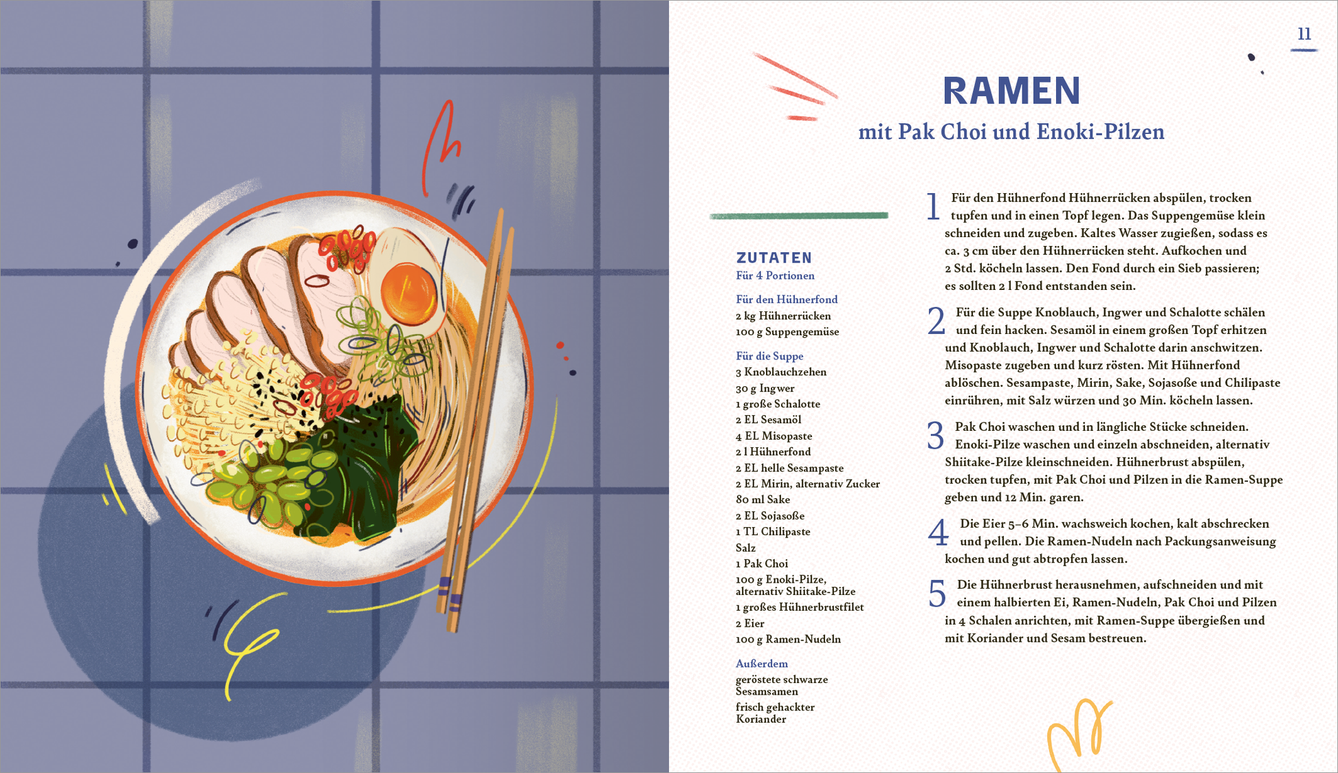 Gezeigt wird eine Innen- oder Zusatzansicht von „Der Geschmack des Glücks“. Die Seite präsentiert ein farbenfrohes Gericht Ramen in einer weißen Schüssel, umgeben von frischen Zutaten wie Pak Choi und Enoki-Pilzen. Der Hintergrund ist in sanften Blau- und Lilatönen gehalten. Die typografische Gestaltung ist modern, mit klaren Überschriften in gedecktem Blau und einer gut lesbaren Schrift für die Zutaten- und Zubereitungsanleitung. Bunte, handgezeichnete Akzente runden das bildliche...