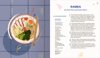 Gezeigt wird eine Innen- oder Zusatzansicht von „Der Geschmack des Glücks“. Die Seite präsentiert ein farbenfrohes Gericht Ramen in einer weißen Schüssel, umgeben von frischen Zutaten wie Pak Choi und Enoki-Pilzen. Der Hintergrund ist in sanften Blau- und Lilatönen gehalten. Die typografische Gestaltung ist modern, mit klaren Überschriften in gedecktem Blau und einer gut lesbaren Schrift für die Zutaten- und Zubereitungsanleitung. Bunte, handgezeichnete Akzente runden das bildliche...