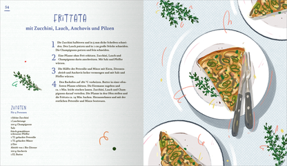 Gezeigt wird eine Innen- oder Zusatzansicht von „Der Geschmack des Glücks“. Die Seite präsentiert ein Rezept für Frittata, umrahmt von frischen Kräutern und bunten grafischen Elementen. Die Überschrift „FRITTATA“ ist in großer, verspielter Typografie gestaltet. Die Zutatenliste ist klar strukturiert, während die Zubereitungsschritte nummeriert und prägnant formuliert sind. Farblich dominieren sanfte Blau- und Grüntöne, ergänzt durch leuchtende Akzente der Zutaten.