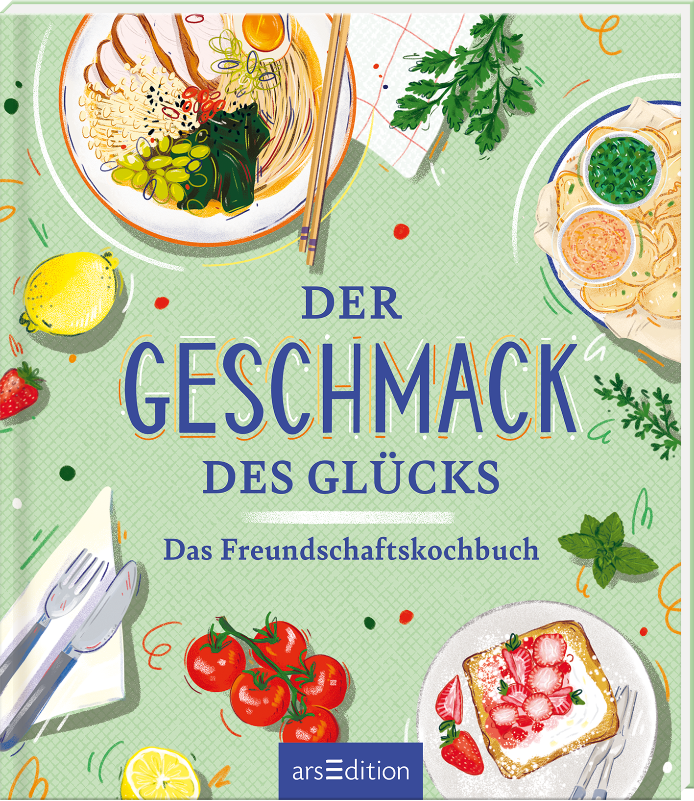 Das Buchcover zeigt eine freundliche, pastellgrüne Hintergrundfarbe. Oben prangt der Titel „DER GESCHMACK DES GLÜCKS“ in großen blauen Buchstaben. Darunter steht in kleinerer Schrift „Das Freundschaftskochbuch“. Gezeichnete Illustrationen von köstlichen Speisen, darunter eine Schüssel Nudeln, ein Salat und farbenfrohe Obststücke, verleihen dem Cover eine einladende Atmosphäre. In der oberen linken Ecke sind Stäbchen platziert. Ganz unten mittig steht der Logoschriftzug von...