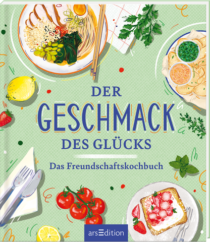 Das Buchcover zeigt eine freundliche, pastellgrüne Hintergrundfarbe. Oben prangt der Titel „DER GESCHMACK DES GLÜCKS“ in großen blauen Buchstaben. Darunter steht in kleinerer Schrift „Das Freundschaftskochbuch“. Gezeichnete Illustrationen von köstlichen Speisen, darunter eine Schüssel Nudeln, ein Salat und farbenfrohe Obststücke, verleihen dem Cover eine einladende Atmosphäre. In der oberen linken Ecke sind Stäbchen platziert. Ganz unten mittig steht der Logoschriftzug von...