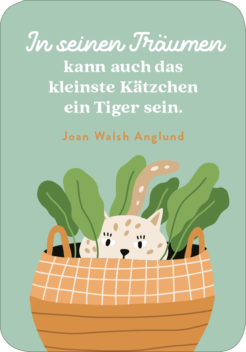 Gezeigt wird eine Innen- oder Zusatzansicht von „MIEZNachrichten für jede Lebenslage“. Der Hintergrund ist in sanftem Lila gehalten. Im Vordergrund steht eine verspielt gezeichnete schwarze Katze mit einem herzigen Halsband. Über der Katze befindet sich ein Spruch von Margaret Benson in eleganter, großer Schrift, die leicht lesbar ist. Die Gesamtkomposition vermittelt eine freundliche und humorvolle Atmosphäre.