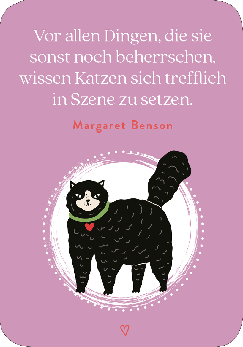 Gezeigt wird eine Innen- oder Zusatzansicht von „MIEZNachrichten für jede Lebenslage“. Die Illustration zeigt eine schwarze Katze mit einem roten Halsband, die selbstbewusst aufrecht steht. Der Hintergrund ist in einem sanften Grün gehalten. Die Überschrift „Klare Grenzen setzen“ und der Text „Darin sind Katzen Meister“ sind in verspielter, geschwungener Schrift gehalten, die die Aussagen unterstreicht. Der untere Text „Traust du dich, deine Krallen zu zeigen, wenn es darauf...