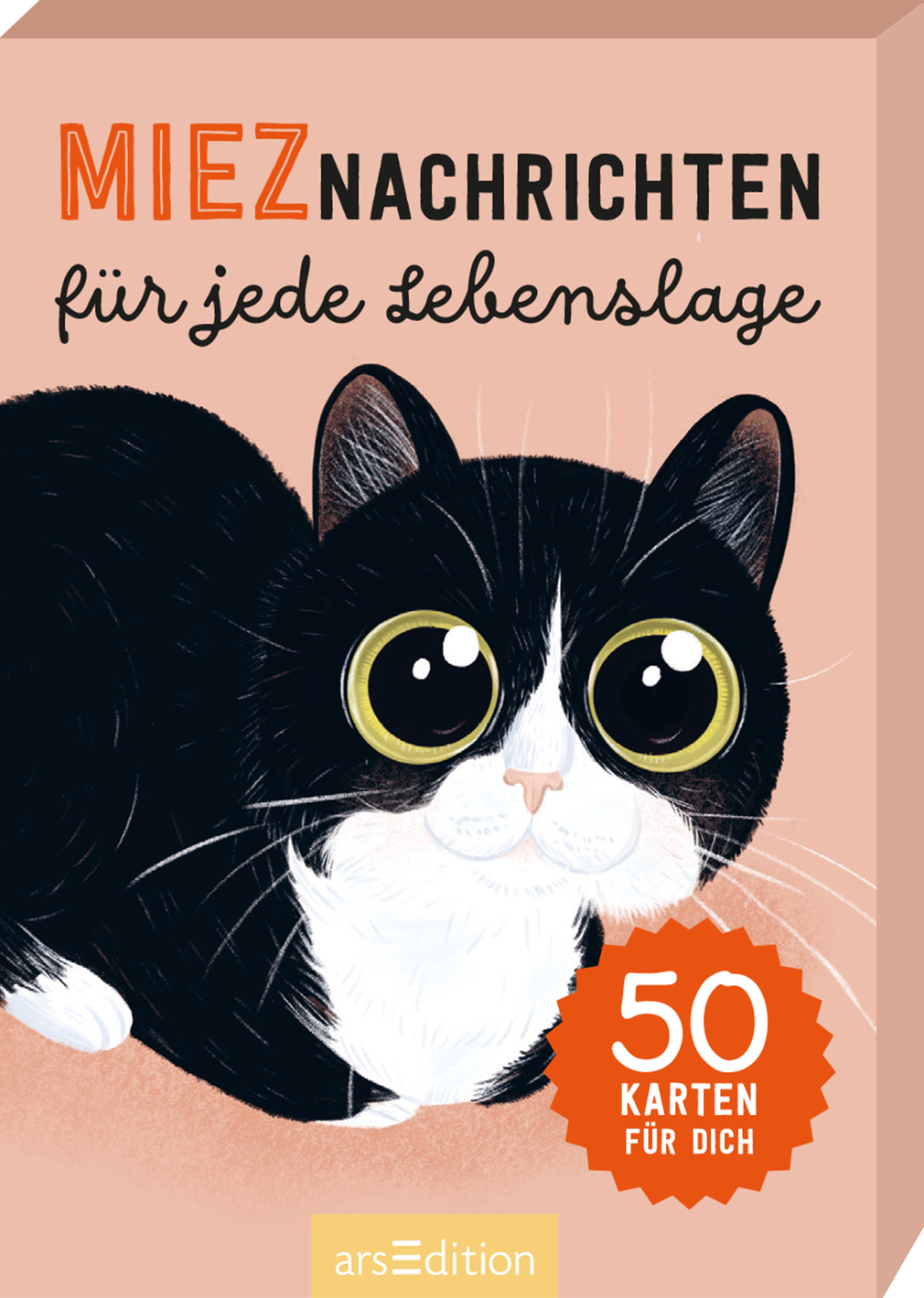 Auf dem Cover ist eine große, niedliche schwarz-weiße Katze mit großen, runden gelben Augen abgebildet. Der Hintergrund ist in sanften Pfirsichtönen gehalten. Der Titel „MIEZNACHRICHTEN“ ist in kräftiger schwarzer Schrift platziert, während der Untertitel „für jede Lebenslage“ in verspielten, handschriftlichen Buchstaben erscheint. In der unteren rechten Ecke befindet sich ein runder Button in Orange mit der Aufschrift „99 KARTEN FÜR DICH“. Ganz unten mittig steht der...