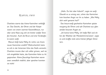 Gezeigt wird eine Innen- oder Zusatzansicht von „Magische Häschen – Schokosüße Abenteuer“. Die Seite zeigt den Titel „Kapitel zwei“ in einer großen, verspielten Schriftart, die leicht geschwungen ist. Der Text, der in fließender Schrift erscheint, beschreibt die kleinen Kaninchen. Links sind die Erzähltexte in dunklerer Schrift, während rechts eine zarte, handgezeichnete Illustration von Kaninchen mit neugierigen Augen und einem sanften Ausdruck zu sehen ist. Die Farbpalette...