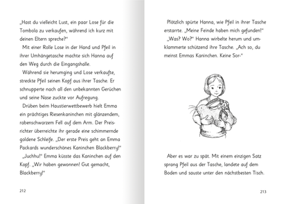 Gezeigt wird eine Innen- oder Zusatzansicht von „Magische Häschen – Schokosüße Abenteuer“. Die Seiten sind in sanften Pastellfarben gestaltet, dominierend sind helle Töne von Gelb, Blau und Rosa. Die Typografie ist freundlich und gut lesbar, mit verspielten Schriftarten, die den kindlichen Charakter des Inhalts unterstreichen. Illustrationen von Häschen und kindlichen Figuren ergänzen die Texte und sorgen für eine einladende Atmosphäre.