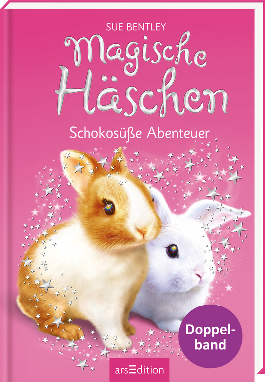 Auf dem Buchcover „Magische Haschen“ von Sue Bentley sind zwei süße Hasen abgebildet: ein braunes und ein weißes. Der Hintergrund leuchtet in sanftem Pink und ist mit glitzernden Sternen verziert, was eine zauberhafte Atmosphäre schafft. Der Titel ist in fröhlicher, verspielter Schrift gestaltet und hebt sich in Weiß ab. Unter dem Titel befindet sich der Untertitel „Schokosüße Abenteuer“. Ein runder Button mit dem Text „Doppelband“ ist rechts unten platziert. Ganz unten...