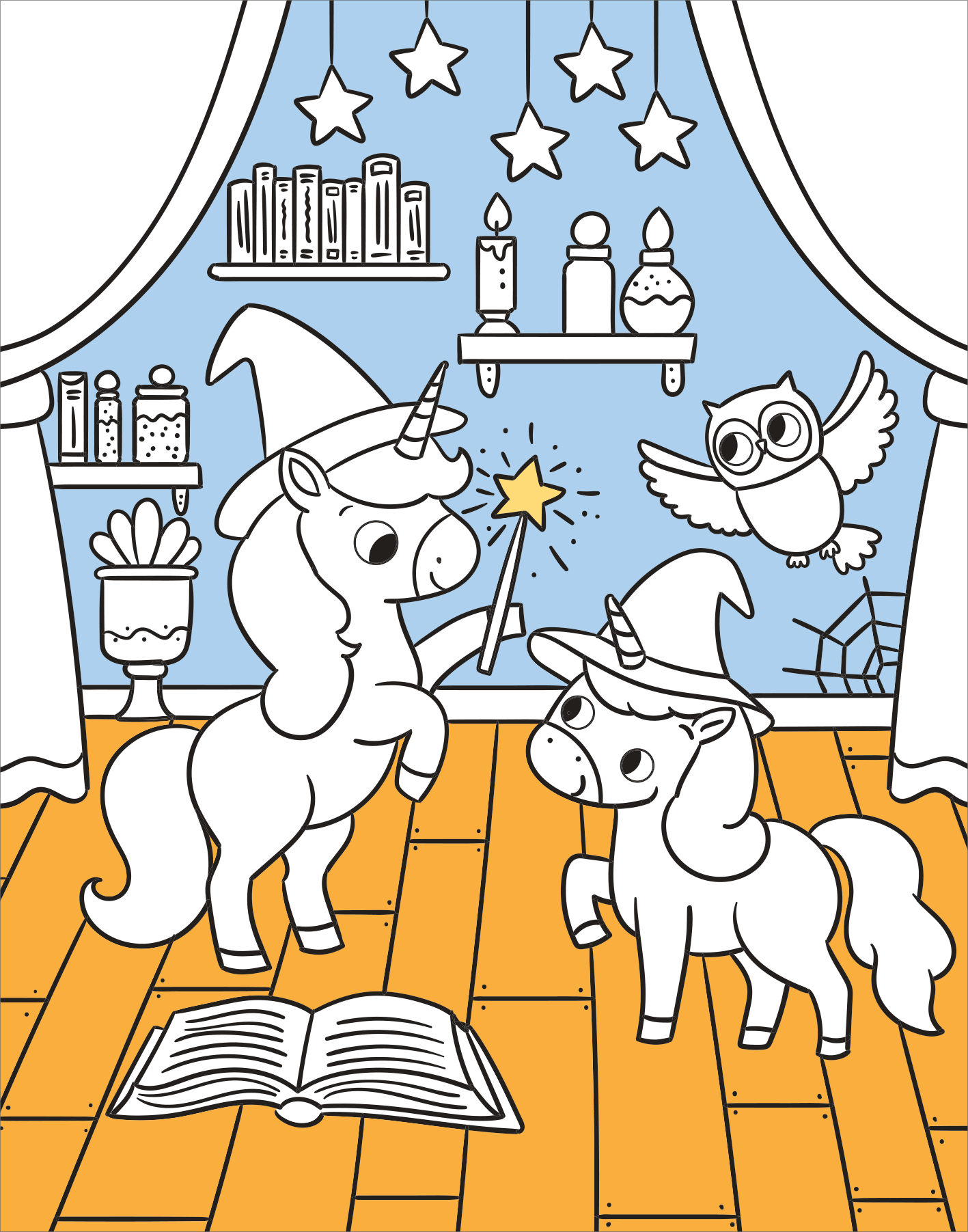 Gezeigt wird eine Innen- oder Zusatzansicht von „Diamant-Malbuch Einhörner“. Die Illustration zeigt zwei Einhörner in einem bunten Raum. Eines trägt einen Zauberhut und hält einen Zauberstab, während das andere neugierig zuschaut. Im Hintergrund sind Regale mit Büchern und Gläsern sichtbar, sowie eine Eule, die über die Szene wacht. Der Boden ist aus Holz, und im Vordergrund liegt ein aufgeschlagenes Buch. Die Farben sind freundlich und einladend, mit einem hellblauen Hintergrund.