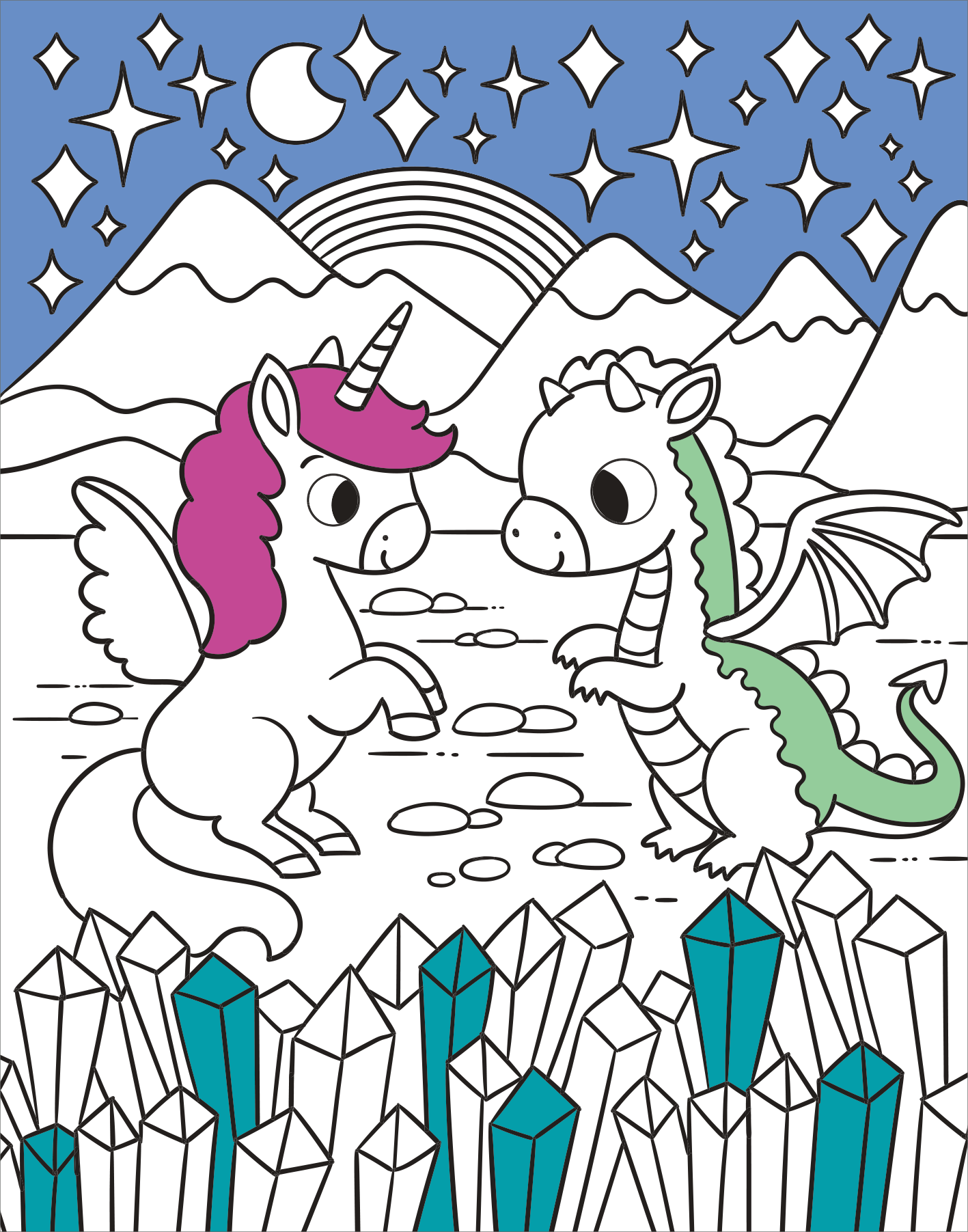 Gezeigt wird eine Innen- oder Zusatzansicht von „Diamant-Malbuch Einhörner“. Die kolorierte Illustration zeigt ein Einhorn mit lila Mähne und einem Drachen mit grünen Akzenten, die in einer zauberhaften Landschaft spielen. Im Hintergrund sind stilisierte Berge, ein Regenbogen und funkelnde Sterne zu sehen. Die klaren, umrissenen Formen sind ideal zum Ausmalen und laden die Kinder zu kreativer Gestaltung ein. Die Farbflächen sind in einer sanften, ansprechenden Palette gehalten.