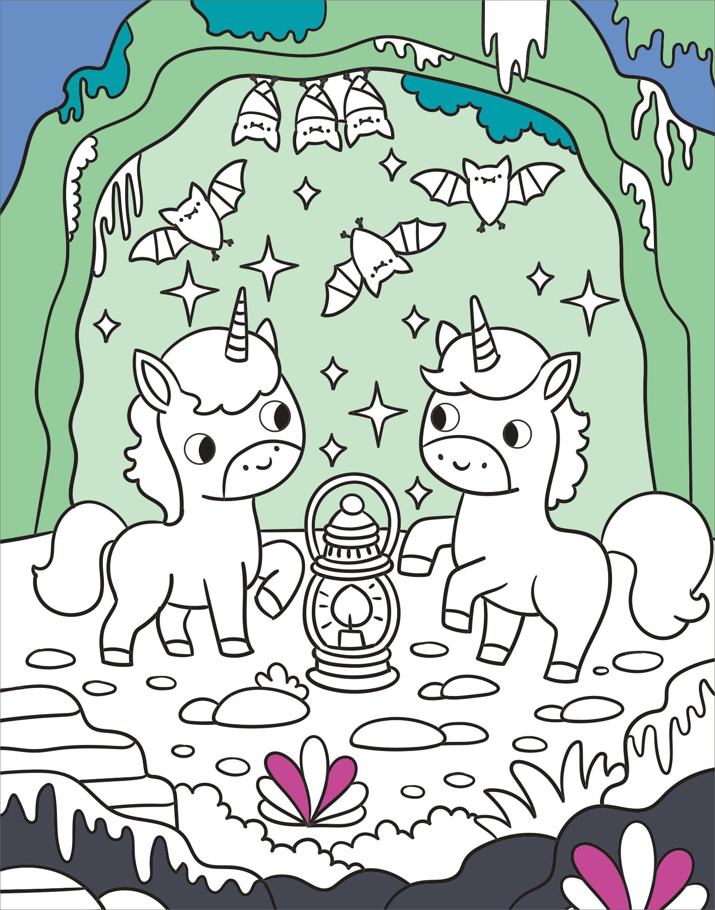 Gezeigt wird eine Innen- oder Zusatzansicht von „Diamant-Malbuch Einhörner“. Die Illustration zeigt zwei süße Einhörner in einer fantasievollen Umgebung. Im Hintergrund sind stalaktitenartige Formationen und fliegende Fledermäuse dargestellt. Eine Laterne steht im Zentrum, umgeben von Blüten in verschiedenen Formen. Die Farben sind überwiegend schwarz-weiß, mit spielerischen Elementen, die zur Kreativität anregen. Die klaren Linien und die einfache Typografie gestalten die Seite...