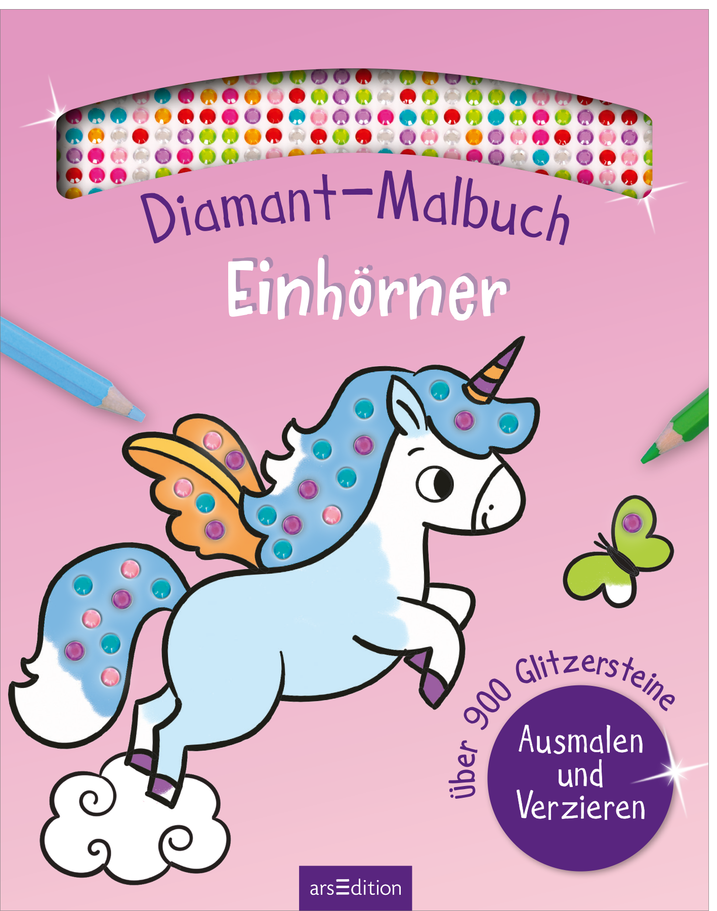 Das Buchcover zeigt ein fröhliches Einhorn mit bunten Punkten auf dem Körper und einer leuchtend orangenen Flügel. Der Hintergrund ist in sanften Rosa-Tönen gehalten. Über dem Einhorn steht der Titel „Diamant-Malbuch Einhörner“ in verspielter, lila Schrift. Oben befindet sich ein glitzerndes Element mit verschiedenen, funkelnden Diamant-Stickern. Unter dem Einhorn steht der Zusatz „über 900 Glitzersteine Ausmalen und Verzieren“. Ganz unten mittig steht der Logoschriftzug von...