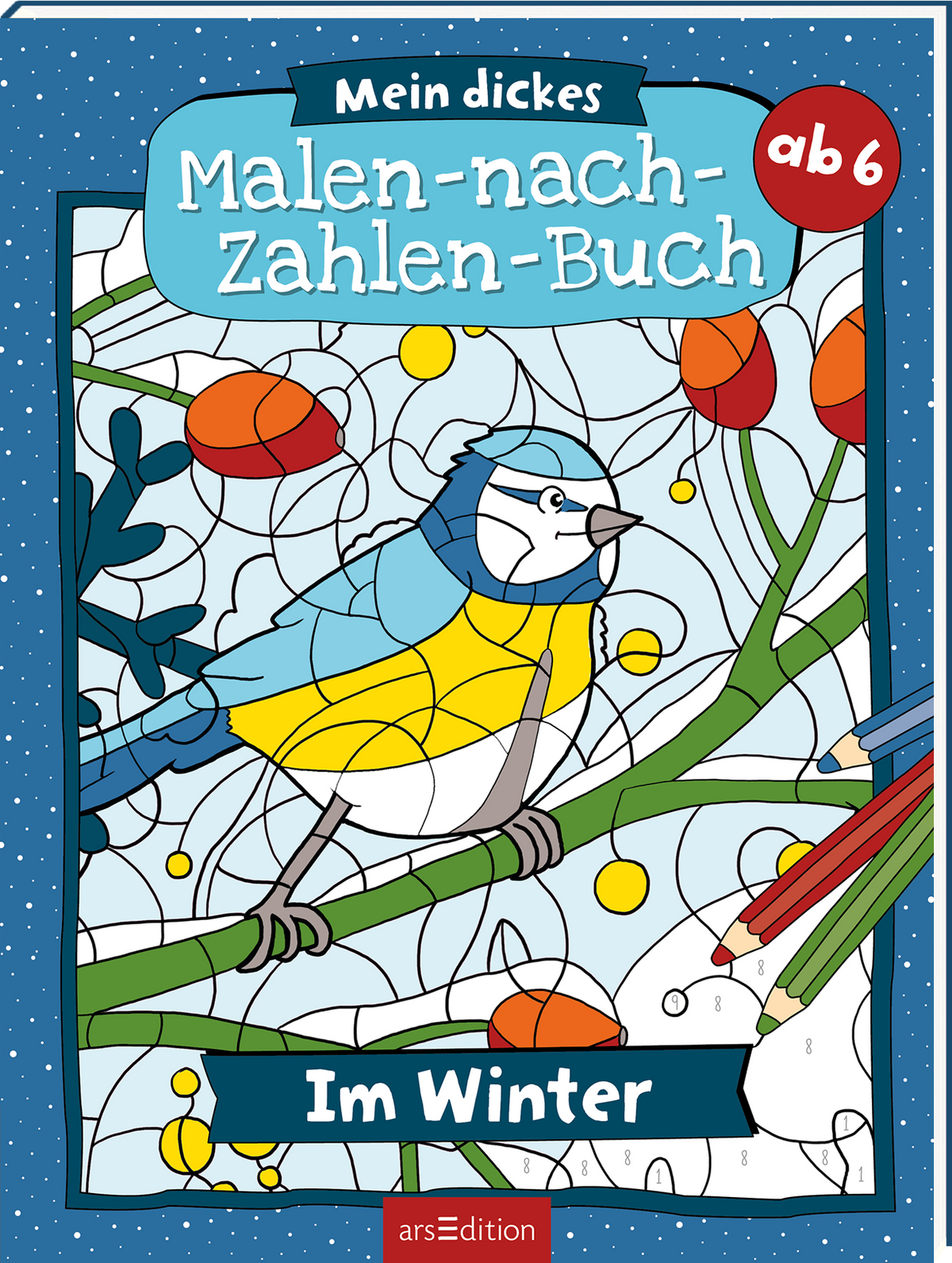 Das Buchcover zeigt einen bunten, grafischen Winterhintergrund mit einem blau-gelben Vogel, der auf einem Ast sitzt. Umgeben von leuchtenden roten und gelben Beeren sowie grünen Zweigen vermittelt das Cover eine fröhliche, einladende Atmosphäre. Oben steht in verspielter Schrift „Mein dickes Malen-nach-Zahlen-Buch ab 6“, während unten in kräftigen Farben „Im Winter“ steht. Ganz unten mittig steht der Logoschriftzug von arsEdition.