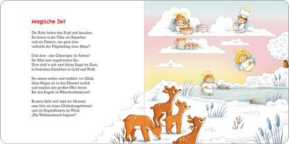 Gezeigt wird eine Innen- oder Zusatzansicht von „24 erste Adventsgeschichten“. Die Seite zeigt eine liebevoll illustrierte Winterlandschaft mit schneebedeckten Hügeln und sanften Wolken. In pastelligen Farben dominieren Blau- und Weißtöne. Auf der linken Seite steht der Titel „Magische Zeit“ in klarer, gut lesbarer Schrift. Auf der rechten Seite sind fröhliche Engel und Rehe abgebildet, die harmonisch in die winterliche Szenerie eingebettet sind. Die Illustration vermittelt eine...