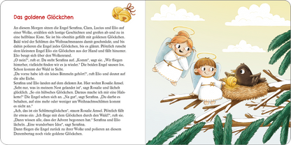 Gezeigt wird eine Innen- oder Zusatzansicht von „24 erste Adventsgeschichten“. Die Seite zeigt eine farbenfrohe Illustration mit den Engeln Serafina und Clara, die in weißen Gewändern mit goldenen Heiligenscheinen dargestellt sind. Irgendwo in der Umgebung sitzt ein braunes Vogelchen in einem Nest. Der Hintergrund ist in sanften Pastelltönen gehalten, mit einer klaren, gut lesbaren Typografie in schwarzer Schrift. Die Szenerie strahlt eine warme, einladende Atmosphäre aus und...