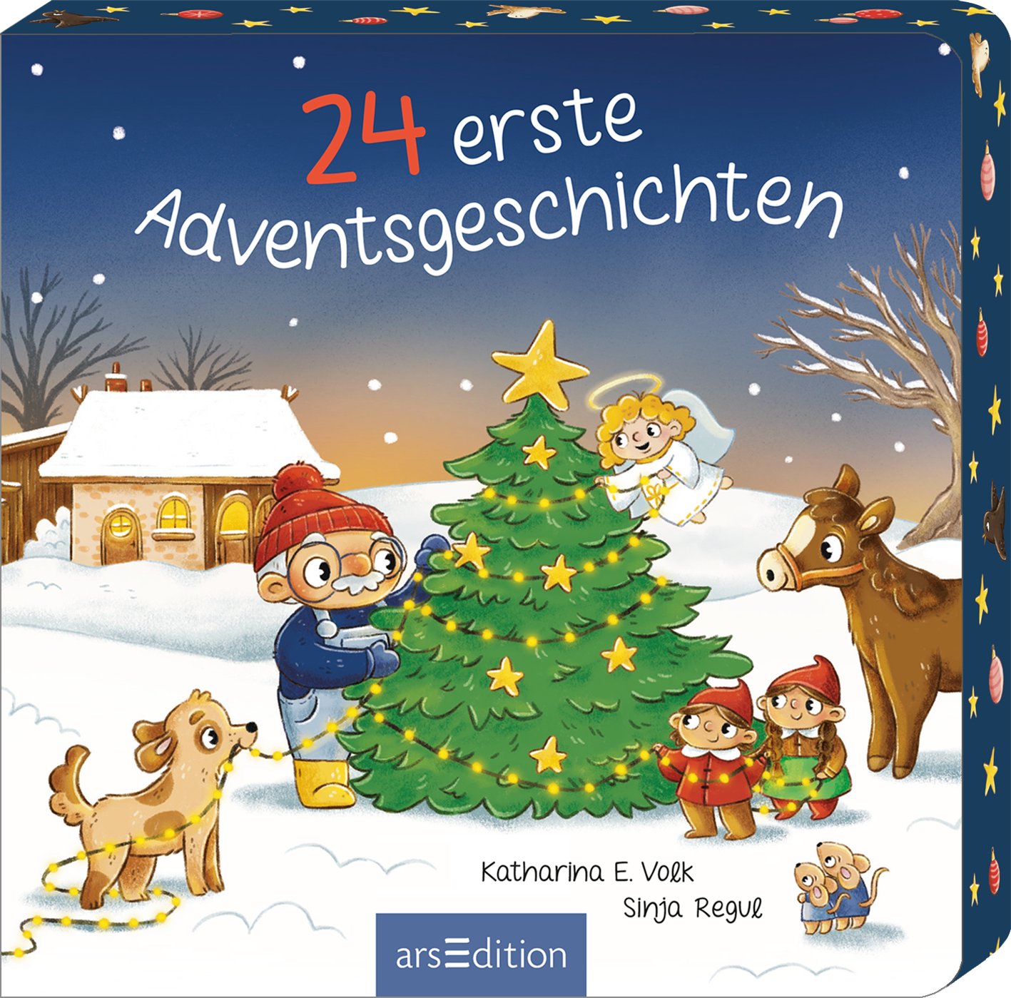 Das Buchcover zeigt eine winterliche Szene mit einem verschneiten Hintergrund. In der Mitte steht ein fröhlicher Mann mit einer roten Mütze, der einen Weihnachtsbaum schmückt, umgeben von zwei Weihnachtselfen, einem Engel, einem Pferd und einem Hund. Schneeflocken fallen sanft vom Himmel. Der Titel „24 erste Adventsgeschichten“ steht oben mittig. Unten auf dem Cover sind die Namen der Autorinnen Katharina E. Volk und Sinja Regul zu sehen. Ganz unten mittig steht der Logoschriftzug von...