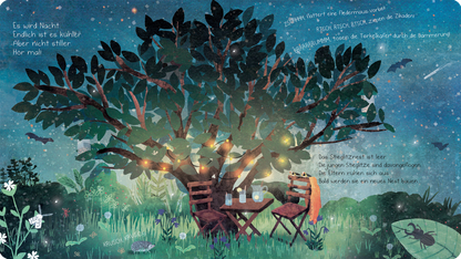 Gezeigt wird eine Innenansicht von „Das Nest in meinen Zweigen“. Die Illustration zeigt einen großen, einladenden Baum in einer sternenklaren Nacht mit leuchtenden Lichtern, die an seinen Ästen hängen. Darunter stehen zwei Holzstühle und ein Tisch, auf dem zwei Gläser platziert sind. Die Farbpalette ist überwiegend in beruhigenden Blau- und Grüntönen gehalten, während die Typografie verspielt und in handschriftlicher Form erscheint. Elemente wie Gras, Blumen und Fledermäuse...