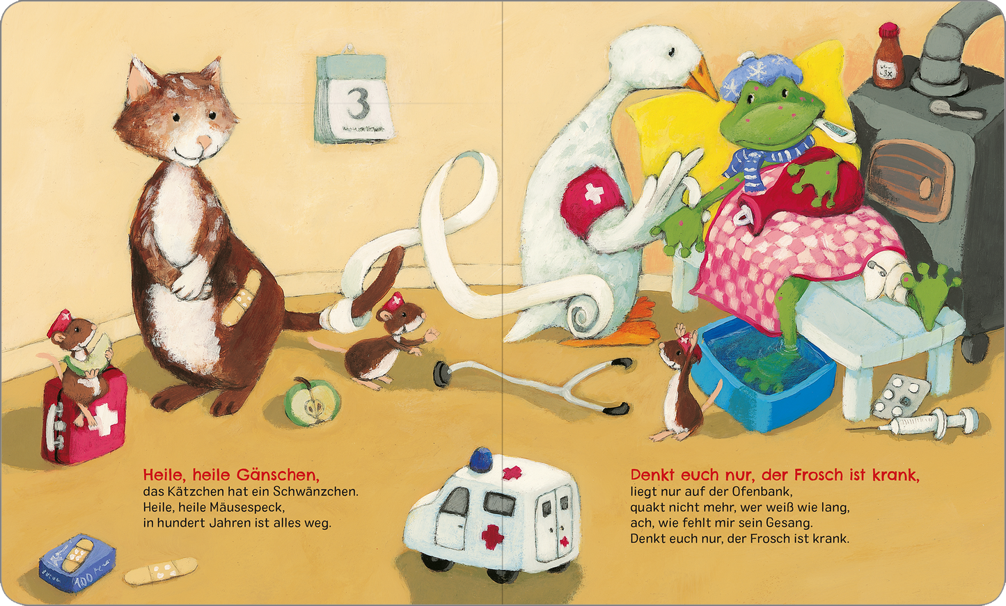 Gezeigt wird eine Innen- oder Zusatzansicht von „Zehn kleine Zappelfinger“. Die Illustration zeigt eine gemütliche Szene mit einem kranken Frosch in einem Bett, umgeben von einem Vogel und einer Katze. Die Farben sind sanft, mit dominantem Grün und Rosa, während die Typografie in verschiedenen Größen und Farben gestaltet ist. Elemente wie ein Krankenwagen und medizinische Utensilien sind ebenfalls zu sehen, die das Thema Gesundheit unterstützen.