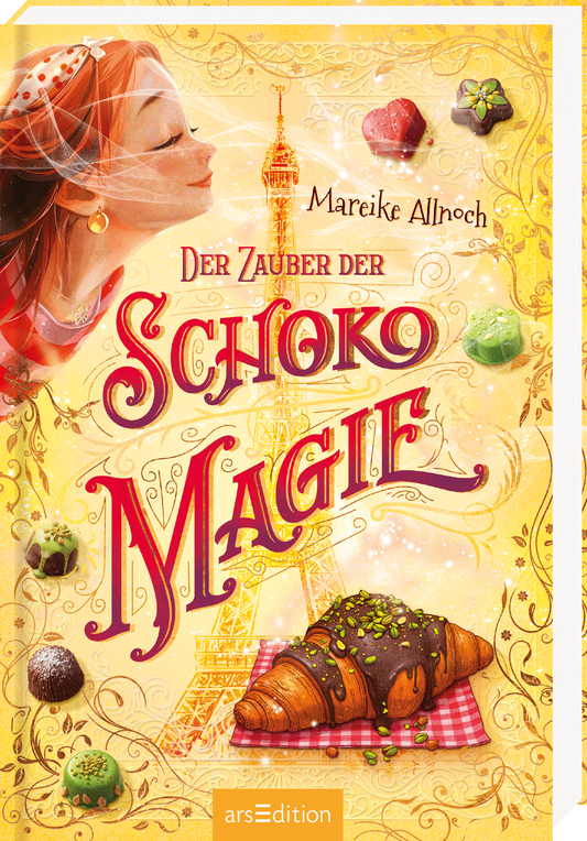Das Cover zeigt ein Mädchen mit roten Haaren, das die Augen geschlossen hat und einen Duft zu riechen scheint. Zentral abgebildet ist der Eiffelturm und darum herum sind Pralinen und ein Pistatiencroissant abgebildet. Der Titel „Der Zauber der Schokomagie“ ist in verschnörkelter, roter Schrift gestaltet. Darüber steht der Name der Autorin Mareike Allnoch. Ganz unten mittig steht der Logoschriftzug von arsEdition.