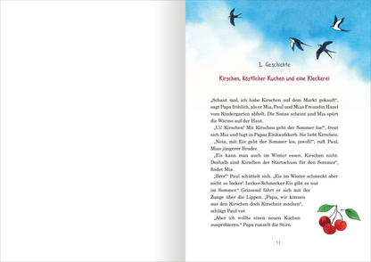 Gezeigt wird eine Innen- oder Zusatzansicht von „Sommergeschichten aus dem Glockenhof“. Die linke Seite des Bildes ist schlicht und weiß, während die rechte Seite eine sanfte blaue Hintergrundfarbe mit stilisierten Vögeln in Schwarz zeigt. Der Titel „Kirschen, köstlicher Kuchen und eine Kleckerei“ ist in leuchtendem Rot in markanter Schriftart gesetzt. Der Text ist in einer gut lesbaren, klaren Schriftart. Am unteren Rand sind zeichnerisch dargestellte Kirschen in kräftigem Rot zu...