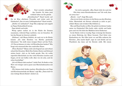 Gezeigt wird eine Innenansicht von „Sommergeschichten aus dem Glockenhof“. Die Seite zeigt eine warme, einladende Illustration, in der ein Vater und sein Sohn beim Zubereiten von Kirschenküchen beschäftigt sind. Die Figuren sind freundlich dargestellt und lächeln. Farbtöne in Rot, Braun und Blau dominieren das Bild. Die Schrift ist klar, einfach und gut lesbar, wobei die Illustrationen den Text lebhaft ergänzen. Die insgesamt sanfte Gestaltung spricht Kinder sowie Erwachsene an und...