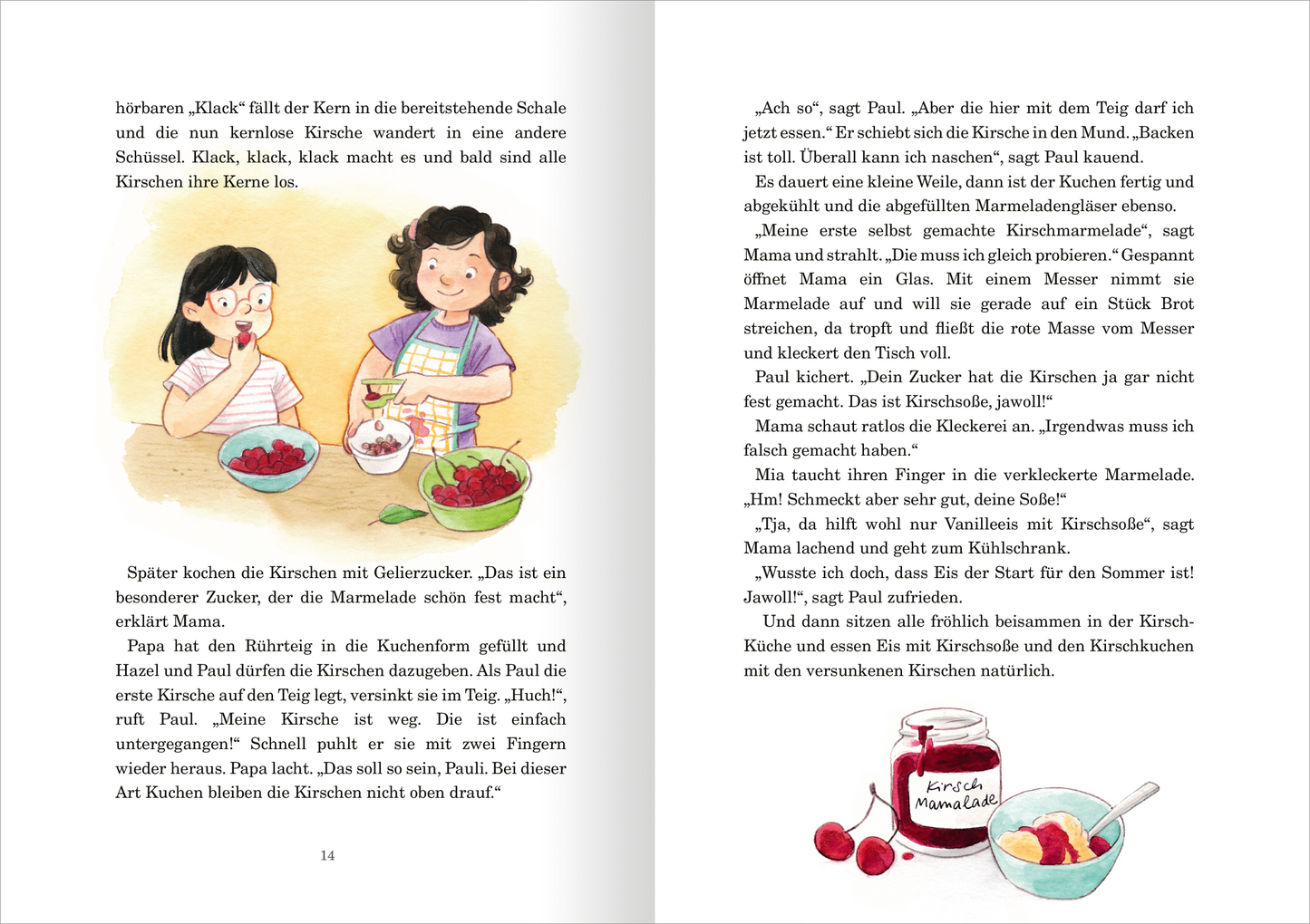 Gezeigt wird eine Innen- oder Zusatzansicht von „Sommergeschichten aus dem Glockenhof“. Die Seite zeigt eine farbenfrohe Illustration von zwei Kindern, die in einer Küche mit frischen Kirschen arbeiten. Die Farben sind hell und animierend, mit viel Rot für die Kirschen und sanften Tönen in den Kleidern der Kinder. Der Text ist in einer klaren, gut lesbaren Schriftart gehalten, die flüssig und freundlich wirkt. Im Hintergrund sind Utensilien für das Marmeladekochen sichtbar, die die...