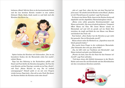 Gezeigt wird eine Innen- oder Zusatzansicht von „Sommergeschichten aus dem Glockenhof“. Die Seite zeigt eine farbenfrohe Illustration von zwei Kindern, die in einer Küche mit frischen Kirschen arbeiten. Die Farben sind hell und animierend, mit viel Rot für die Kirschen und sanften Tönen in den Kleidern der Kinder. Der Text ist in einer klaren, gut lesbaren Schriftart gehalten, die flüssig und freundlich wirkt. Im Hintergrund sind Utensilien für das Marmeladekochen sichtbar, die die...