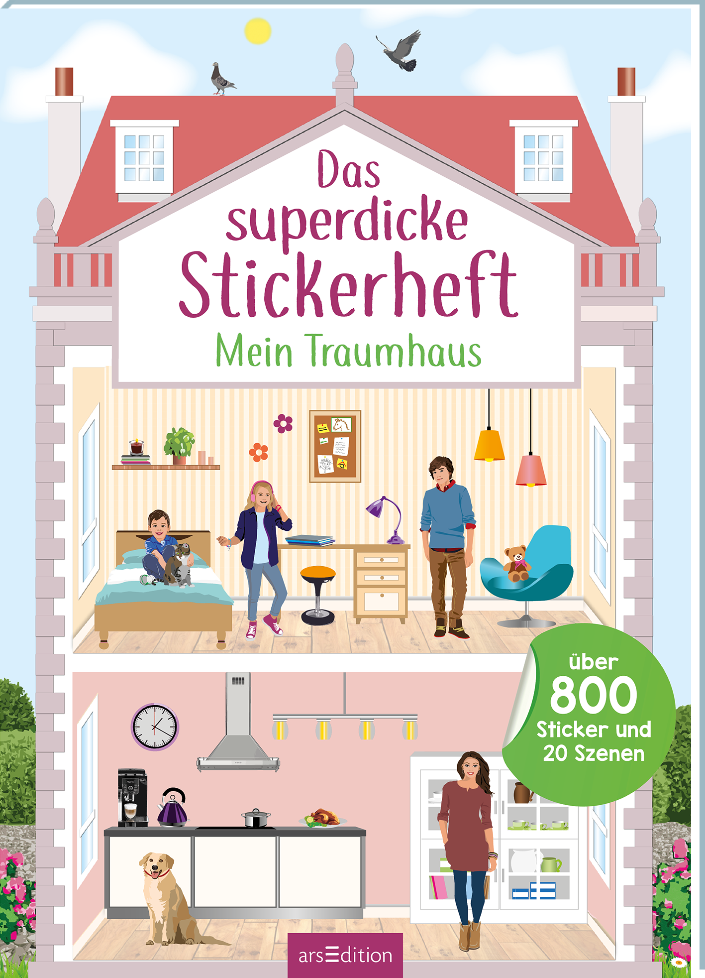 Das Buchcover zeigt ein buntes, illustriertes Haus im kindlichen Stil, aufgeteilt in mehrere Räume. Die Wände sind in sanften Farben gehalten, während das Dach rot ist. Oben steht der Titel „Das superdicke Stickerheft“ in großer, verspielter Schrift, darunter „Mein Traumhaus“. Im unteren Bereich befindet sich ein Hinweis auf „über 800 Sticker und 20 Szenen“ in einem grünen Button. Die Atmosphäre ist einladend und kreativ. Ganz unten mittig steht der Logoschriftzug von...