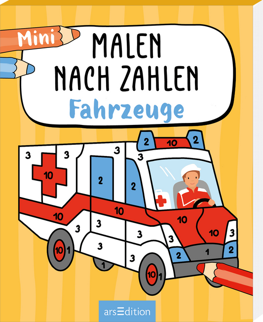 Auf dem Buchcover „Malen nach Zahlen – Fahrzeuge“ sind bunte, spielerische Illustrationen zu sehen. Ein Krankenwagen mit einer großen 10 sowie verschiedenen Zahlen auf seinem Korpus ist zentral abgebildet. Im Hintergrund ziehen sich gelbe Streifen, die dem Cover eine fröhliche Atmosphäre verleihen. Über der Illustration steht in großem, schwarzem Schriftzug der Titel und darunter in hellblauer Schrift der Untertitel. Ganz oben befinden sich bunte Buntstifte. Ganz unten mittig steht...