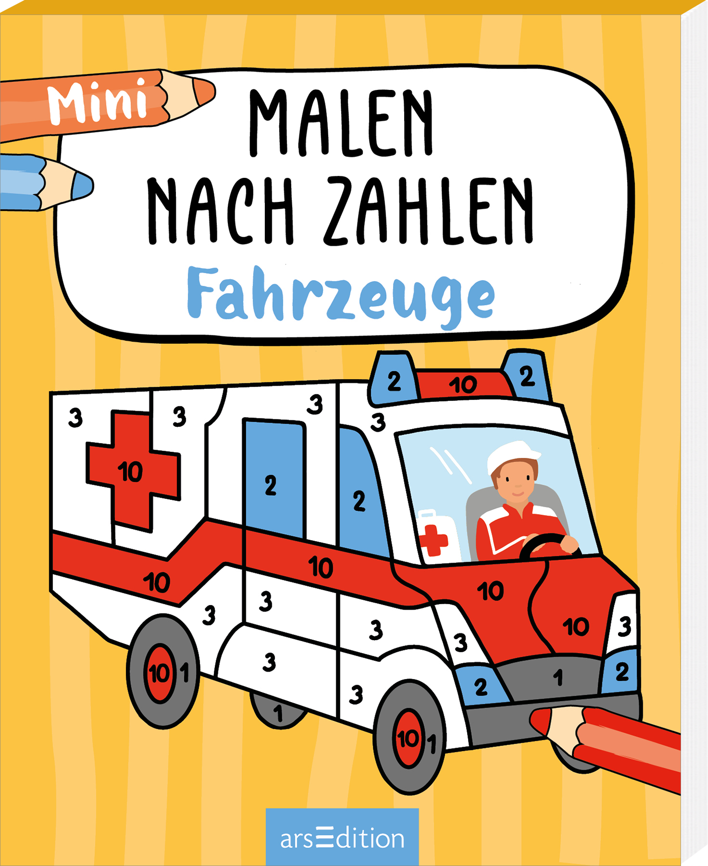 Auf dem Buchcover „Malen nach Zahlen – Fahrzeuge“ sind bunte, spielerische Illustrationen zu sehen. Ein Krankenwagen mit einer großen 10 sowie verschiedenen Zahlen auf seinem Korpus ist zentral abgebildet. Im Hintergrund ziehen sich gelbe Streifen, die dem Cover eine fröhliche Atmosphäre verleihen. Über der Illustration steht in großem, schwarzem Schriftzug der Titel und darunter in hellblauer Schrift der Untertitel. Ganz oben befinden sich bunte Buntstifte. Ganz unten mittig steht...